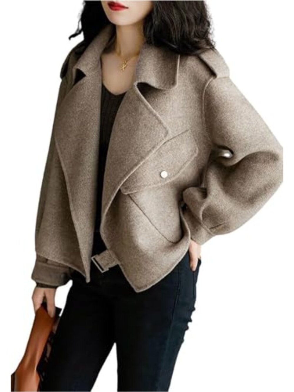 Wool Blend Cropped Open Front Blazer Jacket Short Trench Coat Loose Fit
